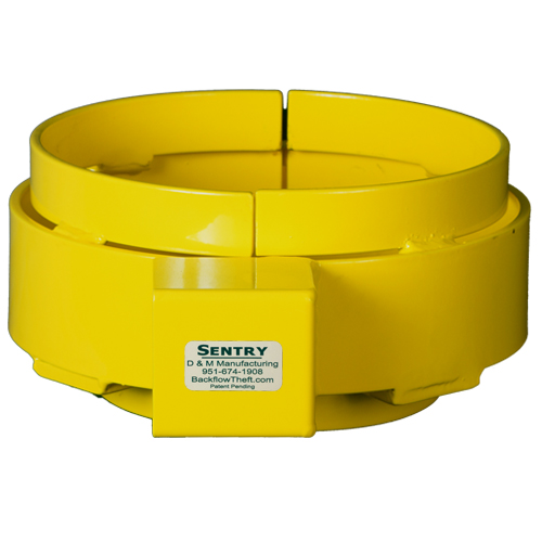 Steel locking collar secures fire hydrant base to prevent unbolting and theft of the hydrant itself